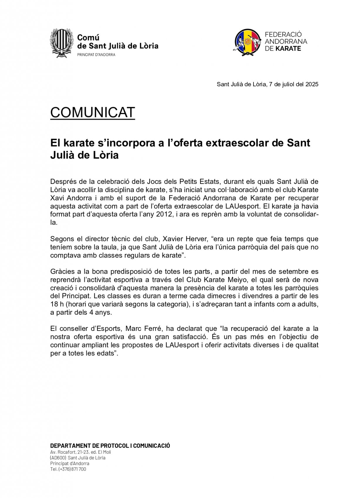 El karate s’incorpora a l’oferta extraescolar de Sant Julià de Lòria Andorra 