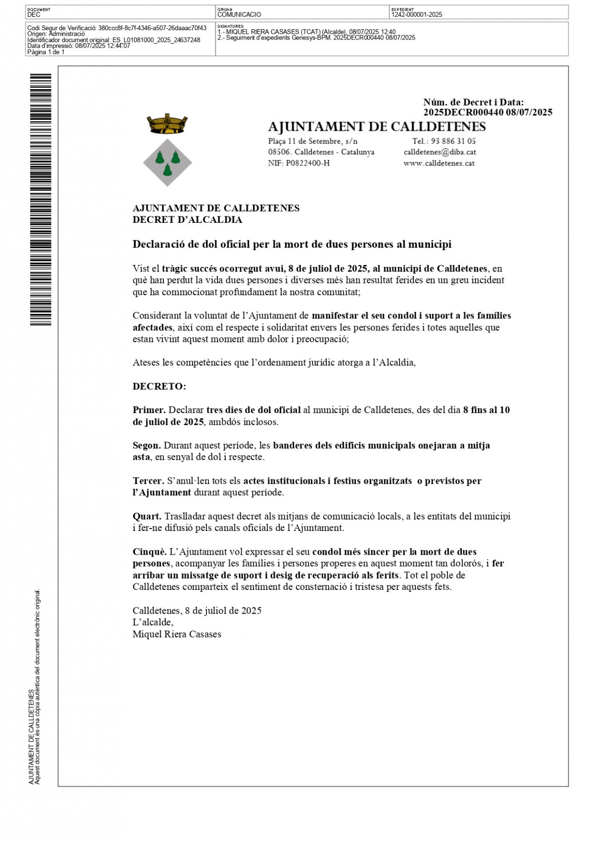 L’Ajuntament de Calldetenes decretat tres dies de dol 