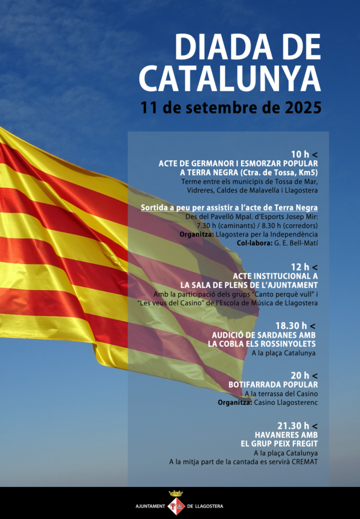 Llagostera celebrarà la Diada Nacional de Catalunya el pròxim 11 de setembre amb una jornada plena d’activitats per a tots els públics.