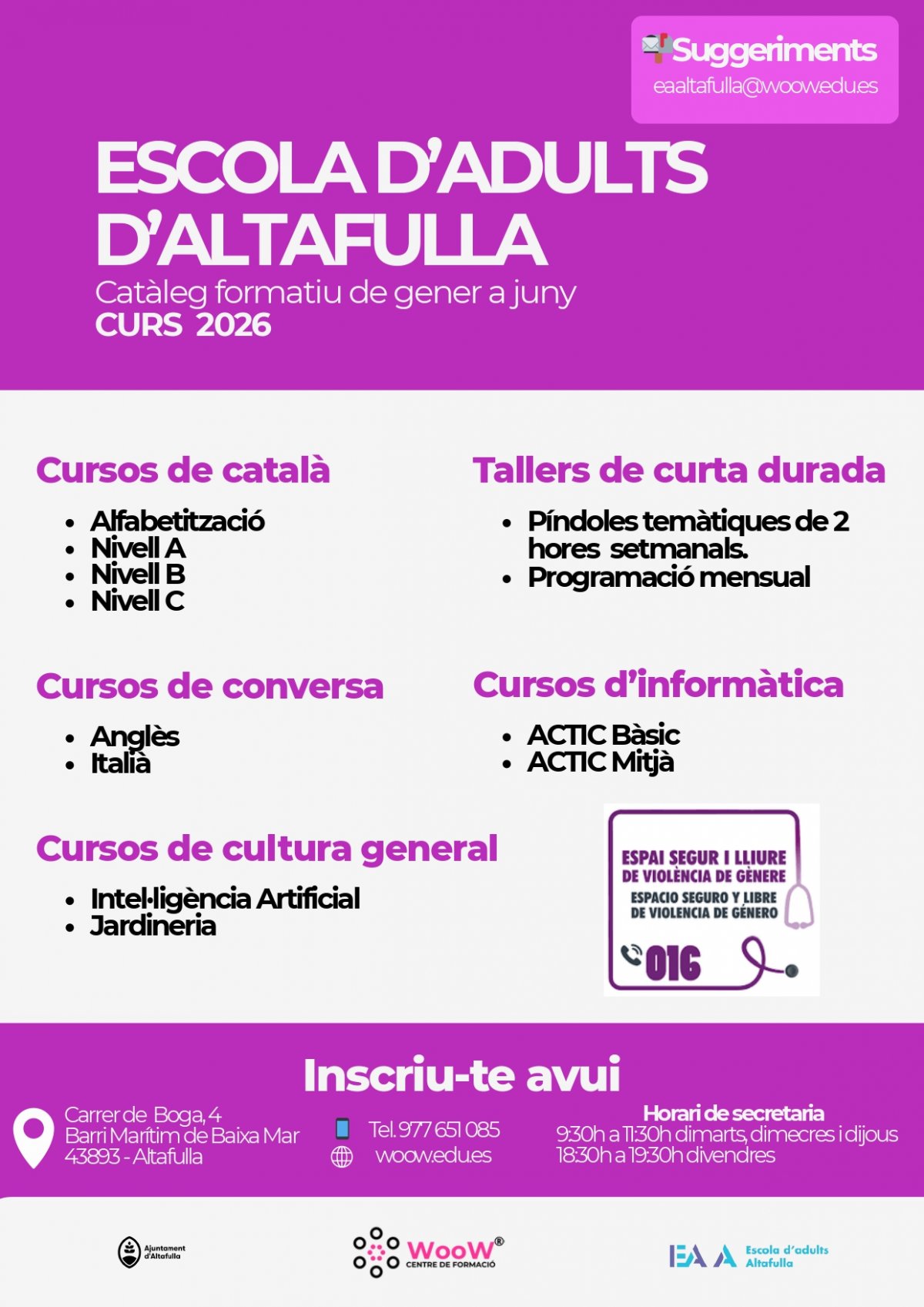 L'Escola d'Adults d'Altafulla (EAA) presenta la seva oferta formativa de Gener a Juny de 2026