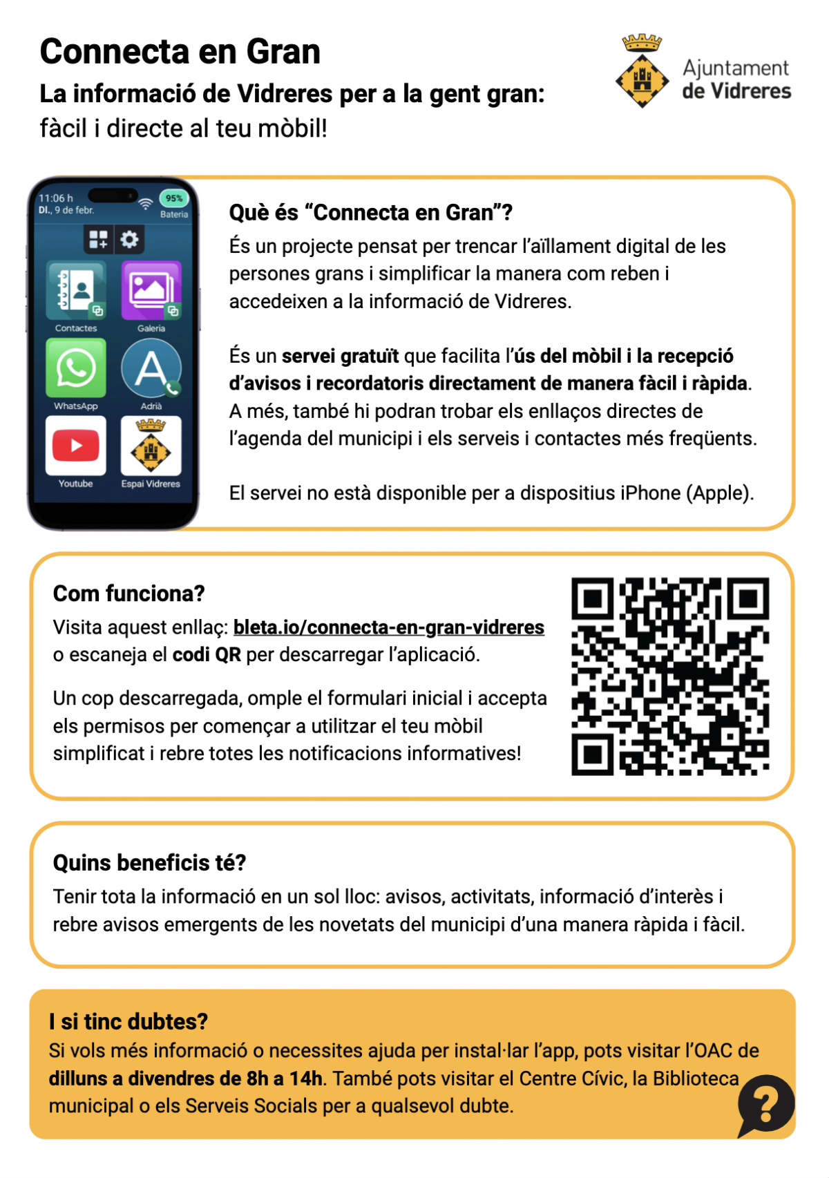 Vidreres incorpora l'app ´Connecta en Gran´ per adaptar els avisos i informacions municipals a la gent gran 